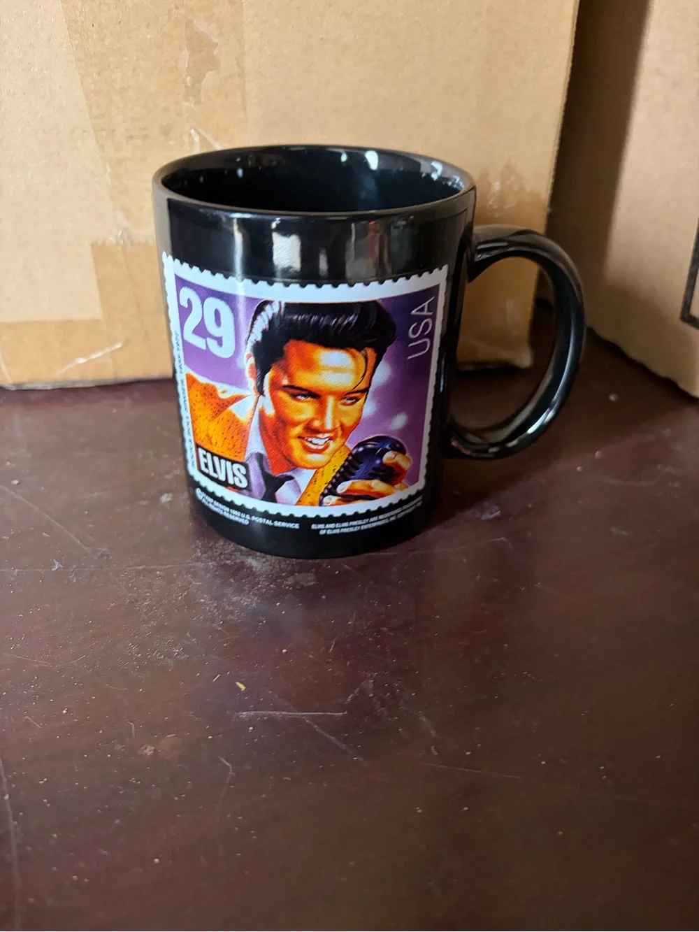 Elvis Stamp Black Ceramic Coffee Mug - Purple Accent